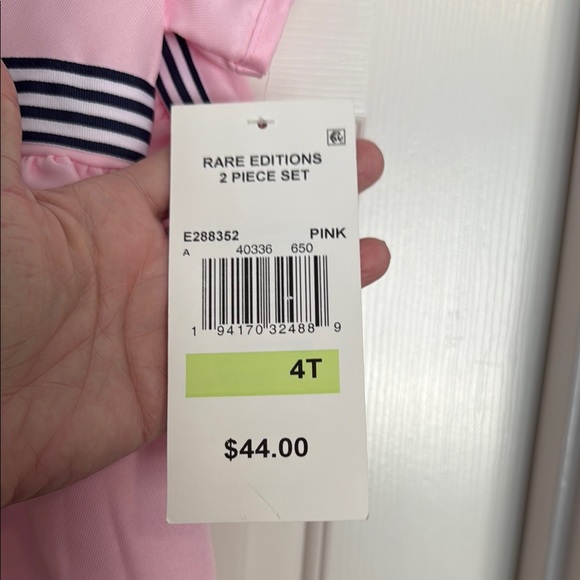 Rare Editions Pink Dress with Navy Striped Accents and Bow with matching hat - Picture 4 of 14